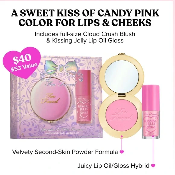 Too Faced Dream A Little Dream Set Candy Clouds Blush & Pink Sherbet Jelly Lip - Picture 2 of 14